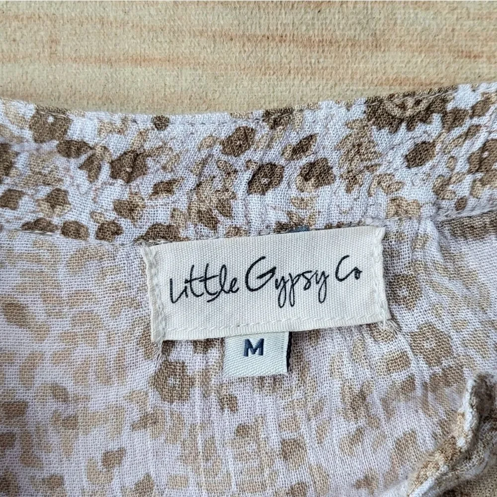 Little Gypsy Co Luna Cream Tan Long Sleeve Floral Boho Midi Dress‎ Size Medium